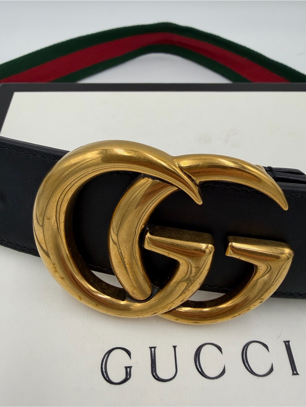 Gucci Women’s Black Leather & Web Stripe Belt with Gold Double G Buckle 85-34 - Picture 2 of 9